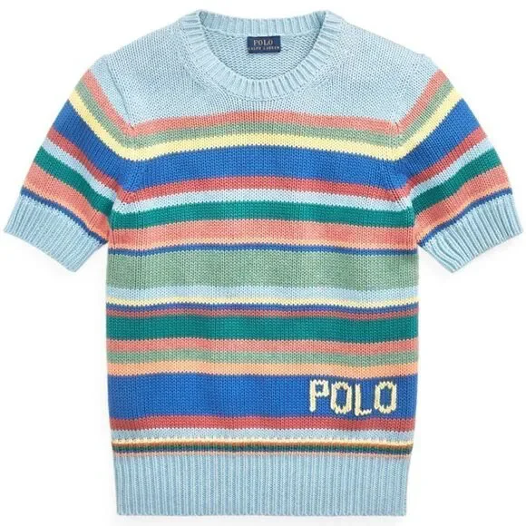 Polo Ralph Lauren Sky Blue Sun Bleached Multi Stripe Short Sleeve Sweater - Picture 9 of 16